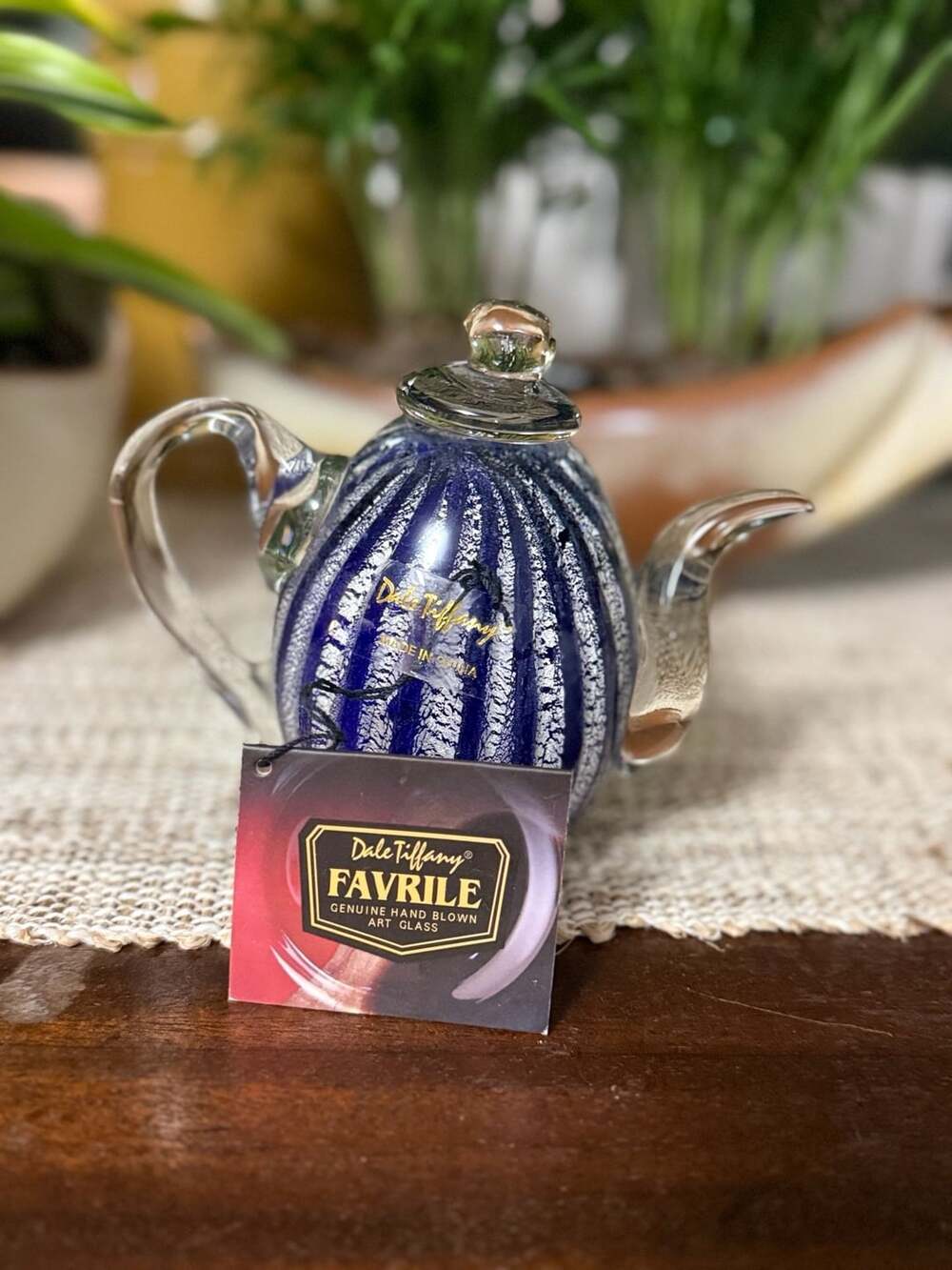 Dale Tiffany Favrile Hand Blown Art Glass Teapot Paperweight Blue and Silver